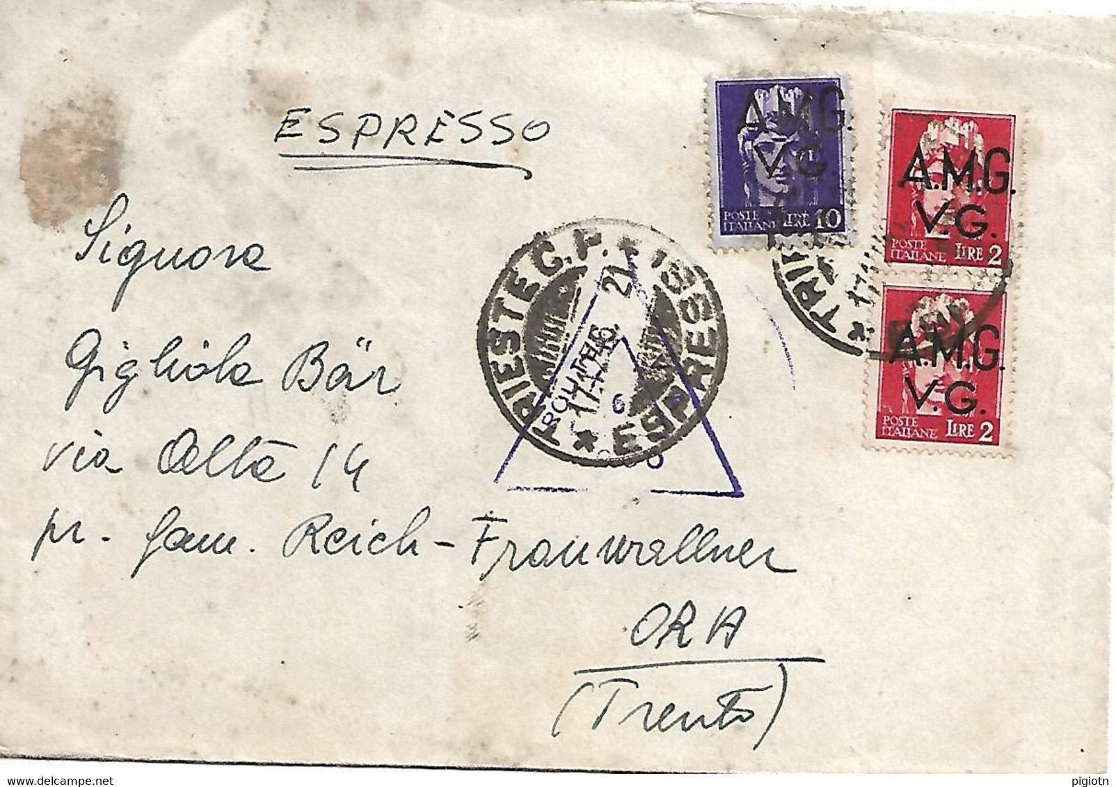 TS012 - AMG-VG 10 L + COPPIA 2 L IMPERIALE SU ESPRESSO DA TRIESTE A ORA - 17.12.1946 - Poststempel