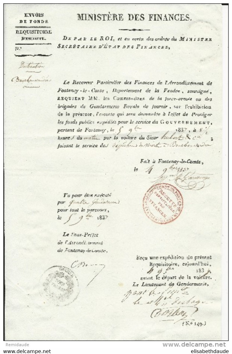 1837 - LETTRE REQUISITION D'ESCORTE ARMEE Pour ENVOIS DE FONDS Avec PV (CACHETS DE CIRE) à FONTENAY LE COMTE (VENDEE) - Army Postmarks (before 1900)