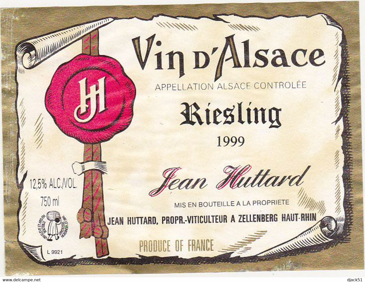 Etiquette Vin / Alsace / Riesling / Jean Huttard à Zellenberg / 1999 - Riesling