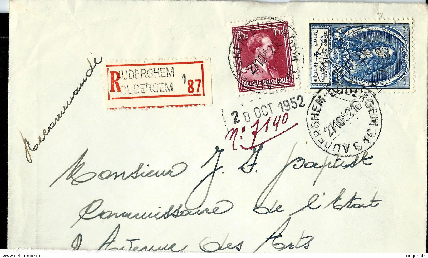 Doc. De AUDERGHEM - OUDERGEM - C 1 C - Du 27/10/52 Avec  UPU N° 885  En Rec. (E ) - Correo Rural