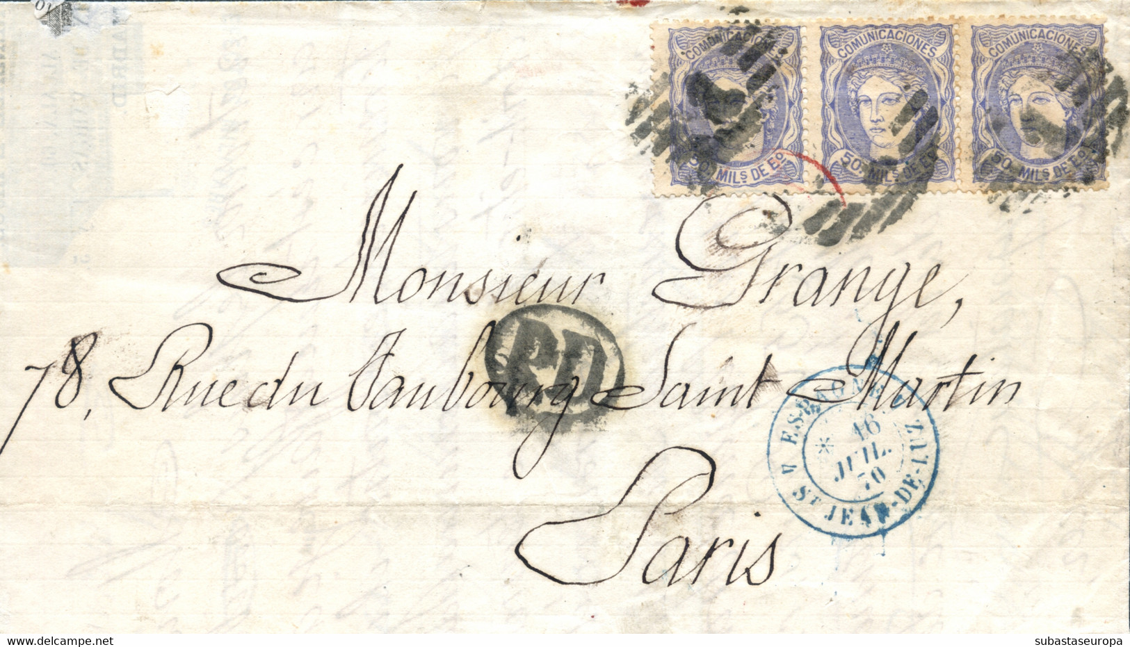 Ø 107(3) En Carta De Madrid A París, El 14/7/1870. Mat. P.C. "1". En El Frente "P.D." Recuadrado En Negro Aceitoso. Trán - Lettres & Documents