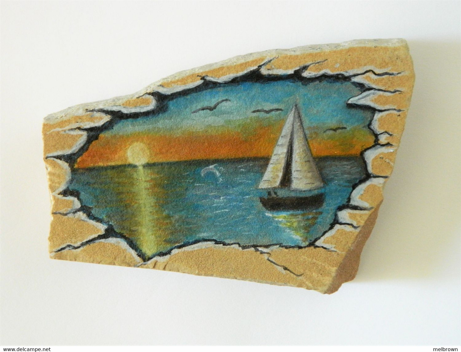 Yacht In The Sunset Hand Painted On A Spanish Tosca Stone Paperweight - Paper-weights