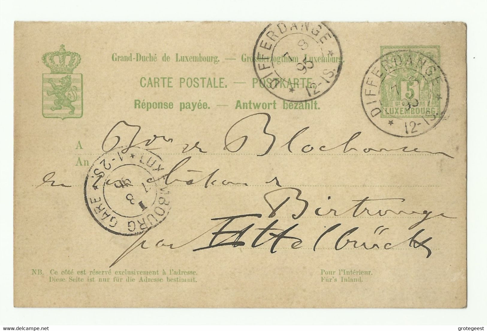 EP Carte 5c. Vert, Obl. Dc DIFFERDANGE 7-8-1895 Vers Ettelbruck. - 16273 - Postwaardestukken