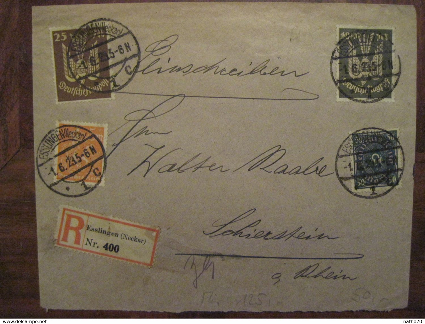 1923 Esslingen Schierstein Flugpost Luftpost Air Mail Poste Aerienne Cover Deutsches Reich DR Germany Einschreiben Horn - Poste Aérienne & Zeppelin