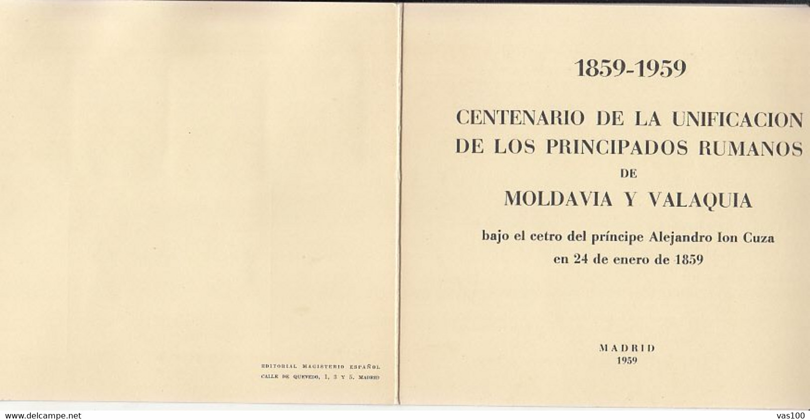 MOLDAVIA AND WALLACHIA UNION, PRINCE AL.I. CUZA, ROMANIAN IN MADRID EXILE ISSUE, BOOKLET, 4X, 1959, ROMANIA - Covers & Documents