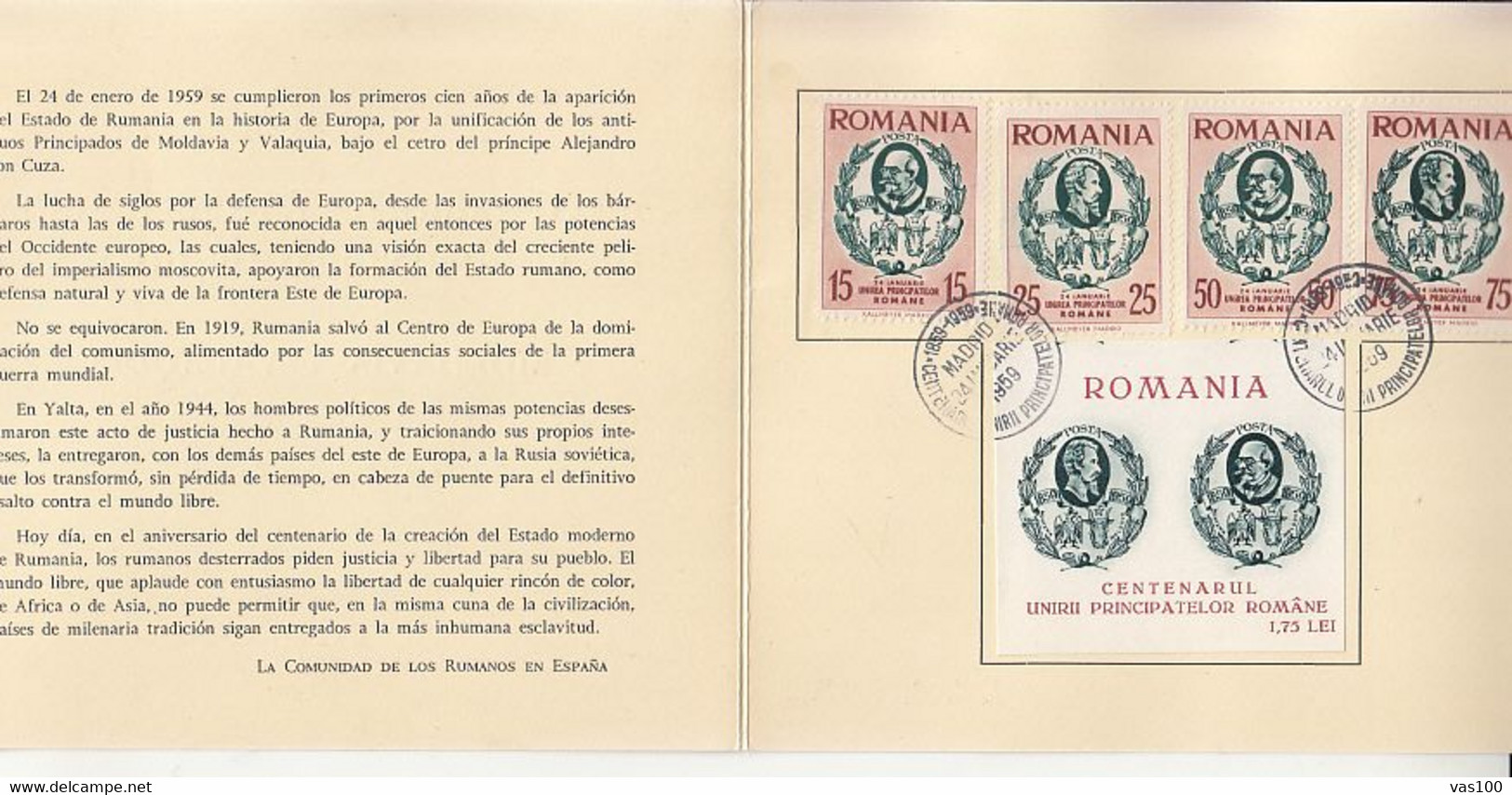MOLDAVIA AND WALLACHIA UNION, PRINCE AL.I. CUZA, ROMANIAN IN MADRID EXILE ISSUE, BOOKLET, 4X, 1959, ROMANIA