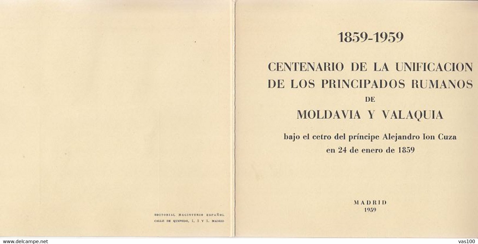 MOLDAVIA AND WALLACHIA UNION, PRINCE AL.I. CUZA, ROMANIAN IN MADRID EXILE ISSUE, BOOKLET, 4X, 1959, ROMANIA