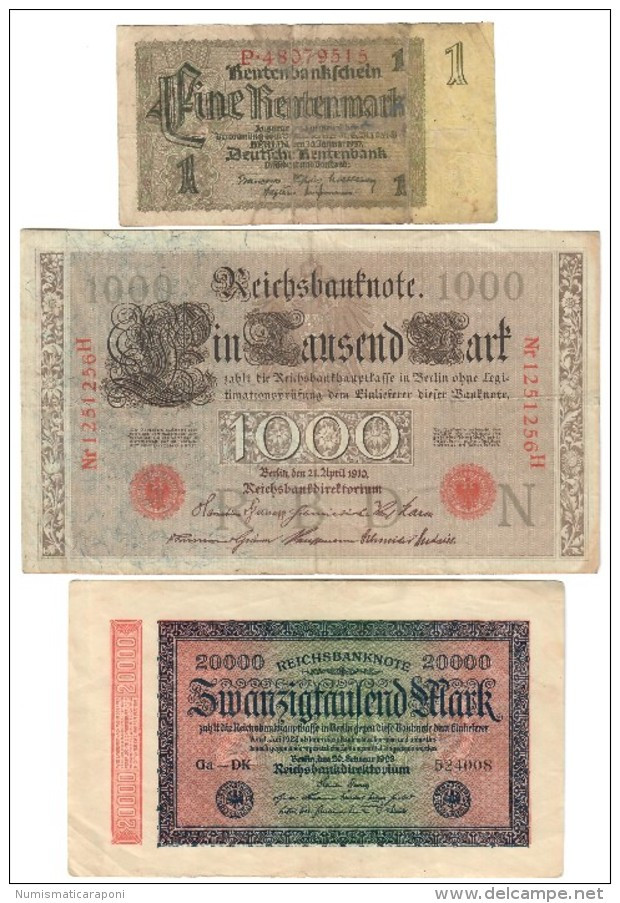 Germany Germania 1 + 20000 + 1000 Mark  Belle Banconote Storiche LOTTO 878 - Collections