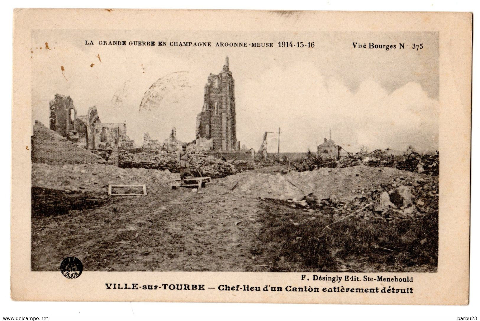 Ville Sur Tourbe Campagne 14 15 16   Franchise Militaire  Cachet  Tresor Et Postes 1917 - Ville-sur-Tourbe