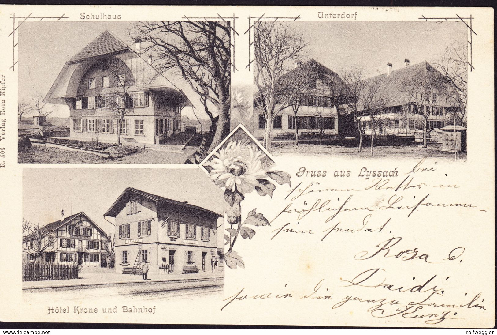 1906 Gelaufene AK Aus Lyssach. 3 Bildrig: Unterdorf, Schulhaus Und Hotel Krone Mit Bahnhof. Minim - Lyss