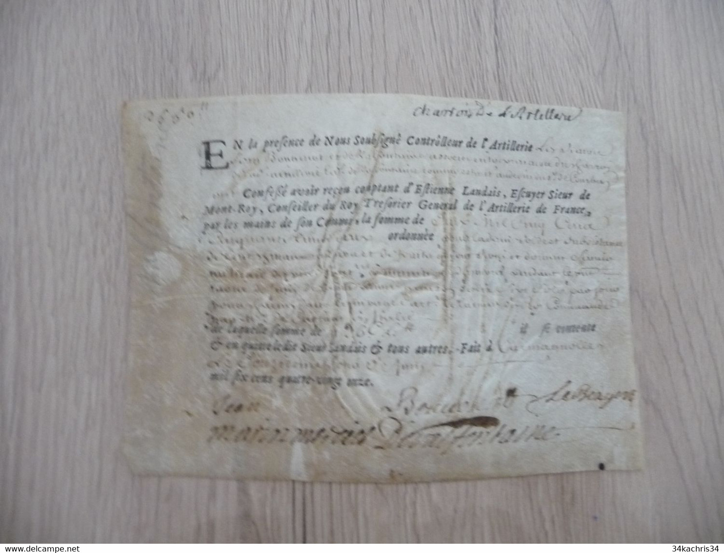 Carmagnolles Juin 1691 Reçu Sur Velin Signé 4 Auotgraphes Artillerie - Copricapi