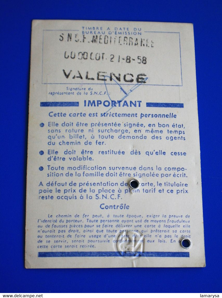 Sté NATIONALE CHEMINS DE FER FRANÇAIS☛S.N.C.F. VALENCE-☛CARTE IDENTITE FAMILLE NOMBREUSE 40%-1960-PONT-ST-ESPRIT-CORSICA - Europe