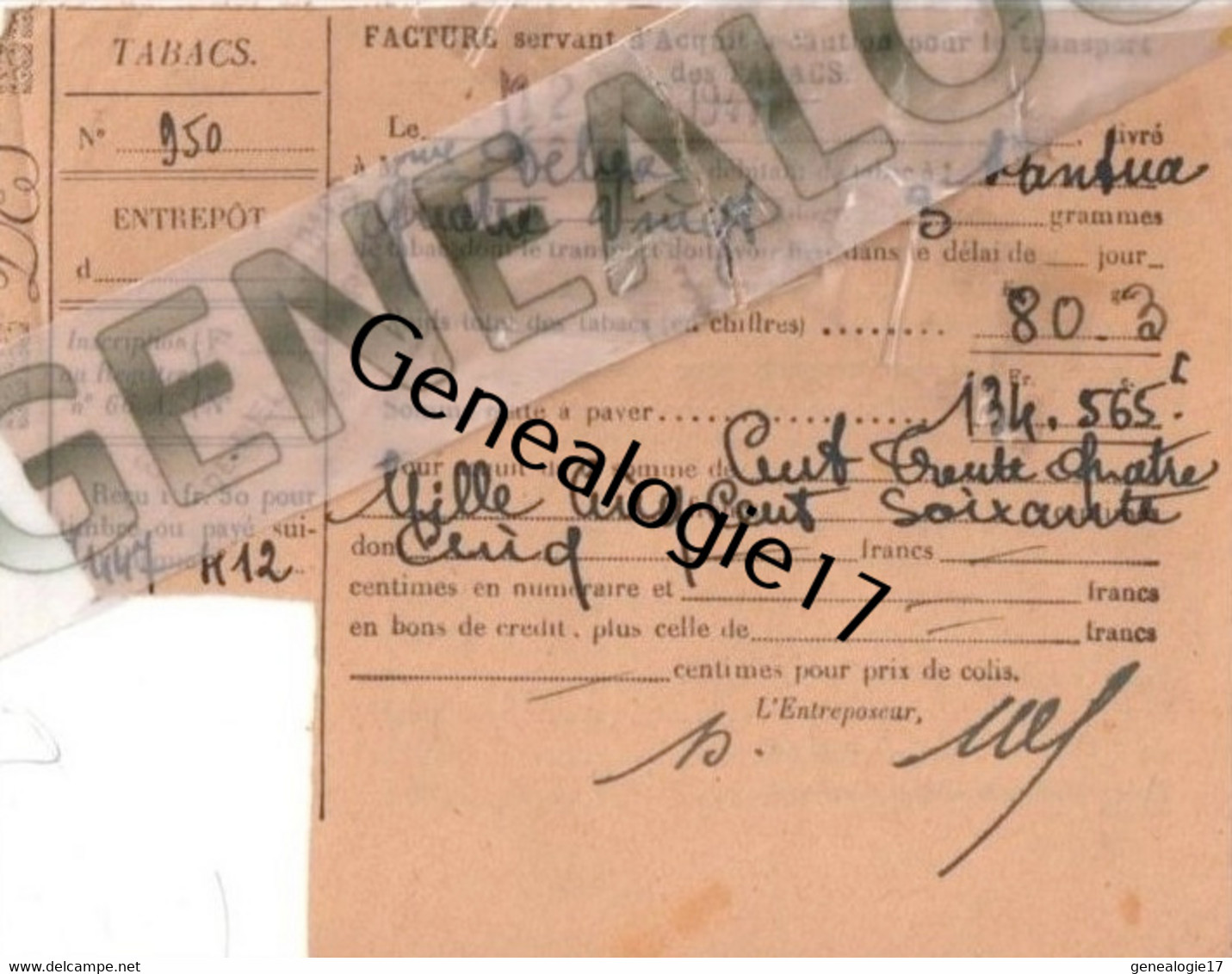 01 0292 NANTUA AIN Facture Transport De Tabacs 1944 Paul Delva Debitant à NANTUA Entrepot à BELLEGARDE - Dokumente