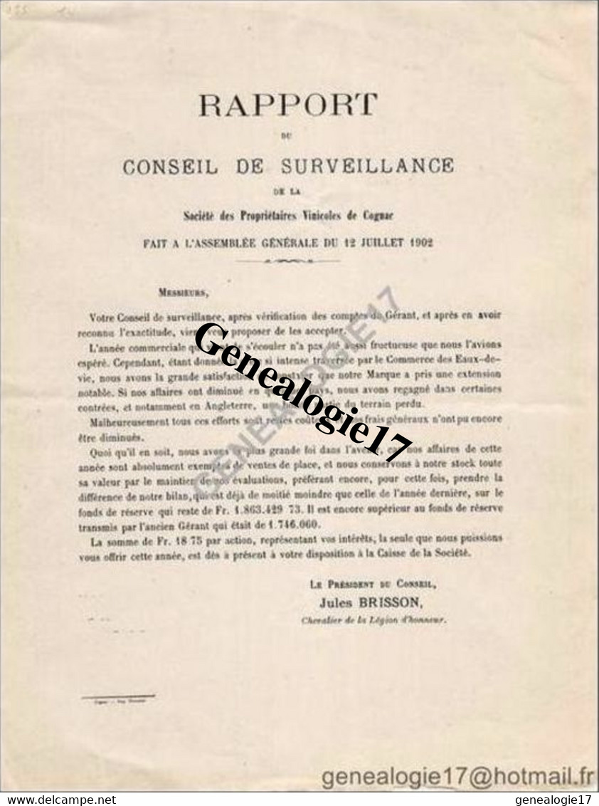 16 1010 COGNAC CHARENTE 1902 Rapport Assemblee Sté PROPRIETAIRES VINICOLES DE COGNAC ( Boutelleau ) Signé JULES  BRISS - S - V