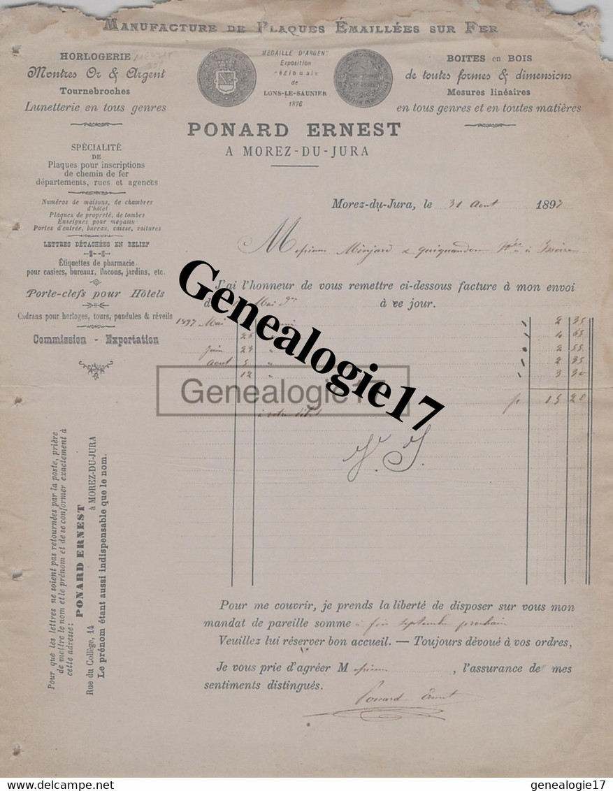 39 0528 MOREZ JURA 1897 Manufacture Plaques Emaillees PONARD ERNEST Horlogerie Montres Lunetterie  Porte Clefs - Autres & Non Classés