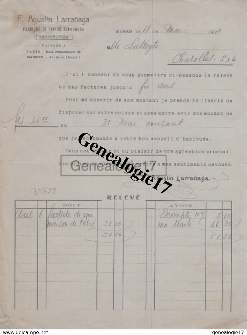 75 03714V PARIS SEINE 1923 Et EIBAR ESPAGNE Fabrique De Bijoux Espagnols AGUSTIN LARRANAGA Bd Poissonniere Dest Melle - España