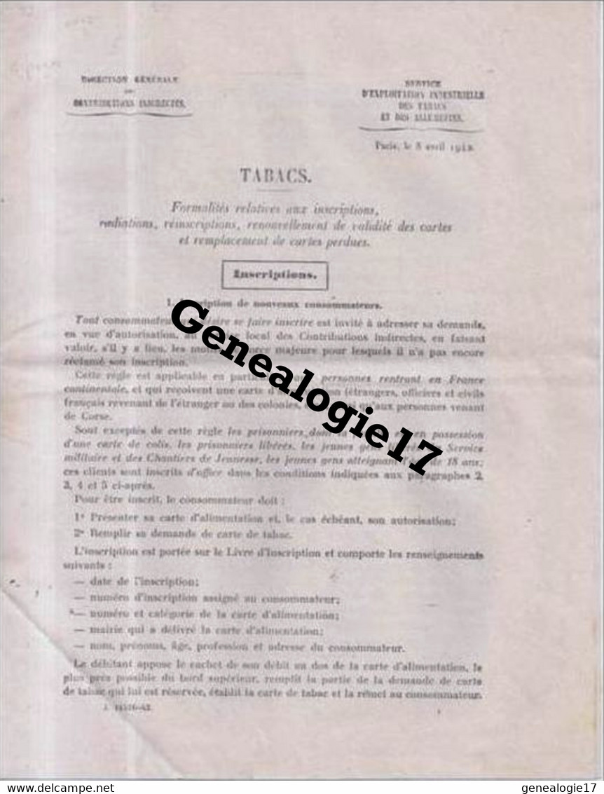 75 06434 PARIS 1942 Inscription Rationnement  - Carte - SERVICE EXPLOITATION INDUSTRIELLE DES TABACS ALLUMETTES - Dokumente