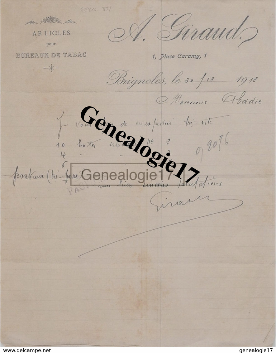 83 0274 BRIGNOLES VAR 1912 Articles Bureaux De Tabac A. GIRAUD Place Caramy A ABADIE - Dokumente