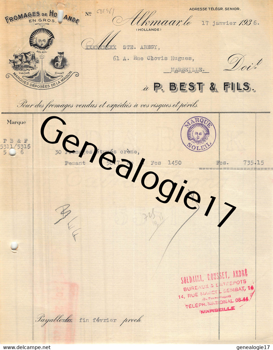 96 2409 PAYS BAS HOLLANDE HOLLAND ALKMAAR 1936 Fromages P. BREST ET FILS Marque SOLEIL A ABEGY - Nederland