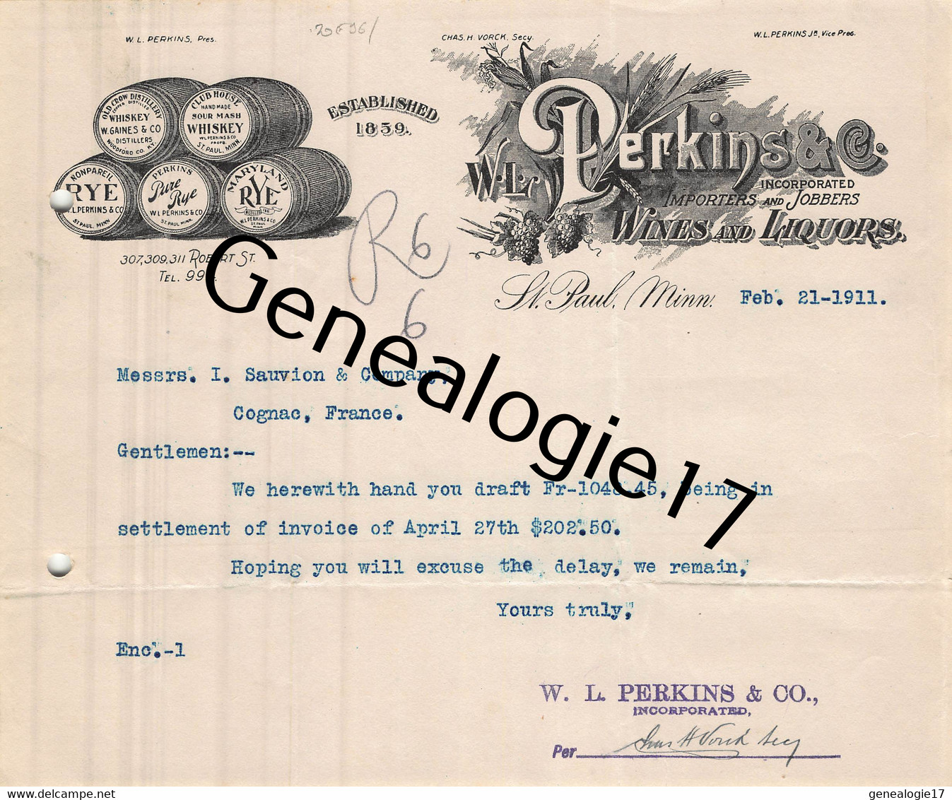 96 2361 ETATS UNIS UNITED STATES SAINT PAUL MINNESOTA 1911 Import W. L. PERKINS Jobbers WISKEY GAINES MARYLAND RYE - Verenigde Staten