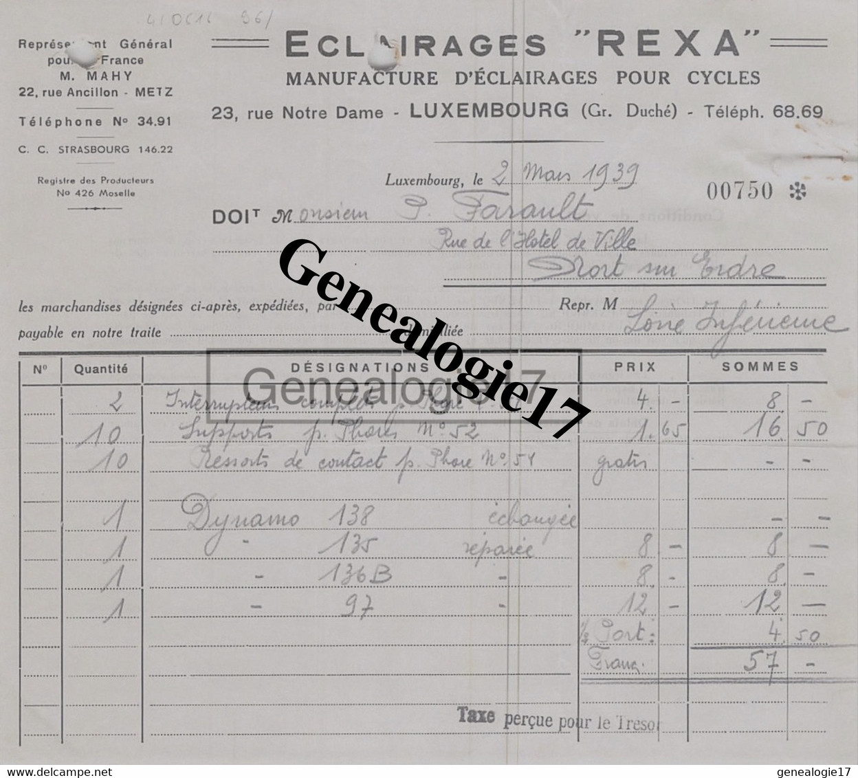 96 1630 LUXEMBOURG GRAND DUCHE Et METZ MOSELLE 1939 Eclairage Pour Cycles REXA Agent France M. MAHY Rue Ancillon - Luxemburg