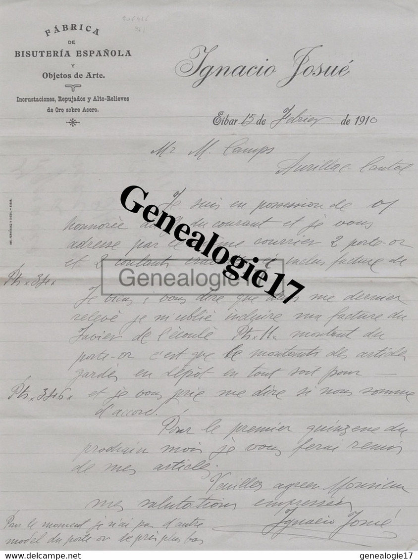 96 1608 ESPAGNE ESPANA EIBAR 1910 Fabrica De Bisuteria Espanola IGNACIO JOSUE ( Ignacio Josue ) A MAURICE CAMPS - España