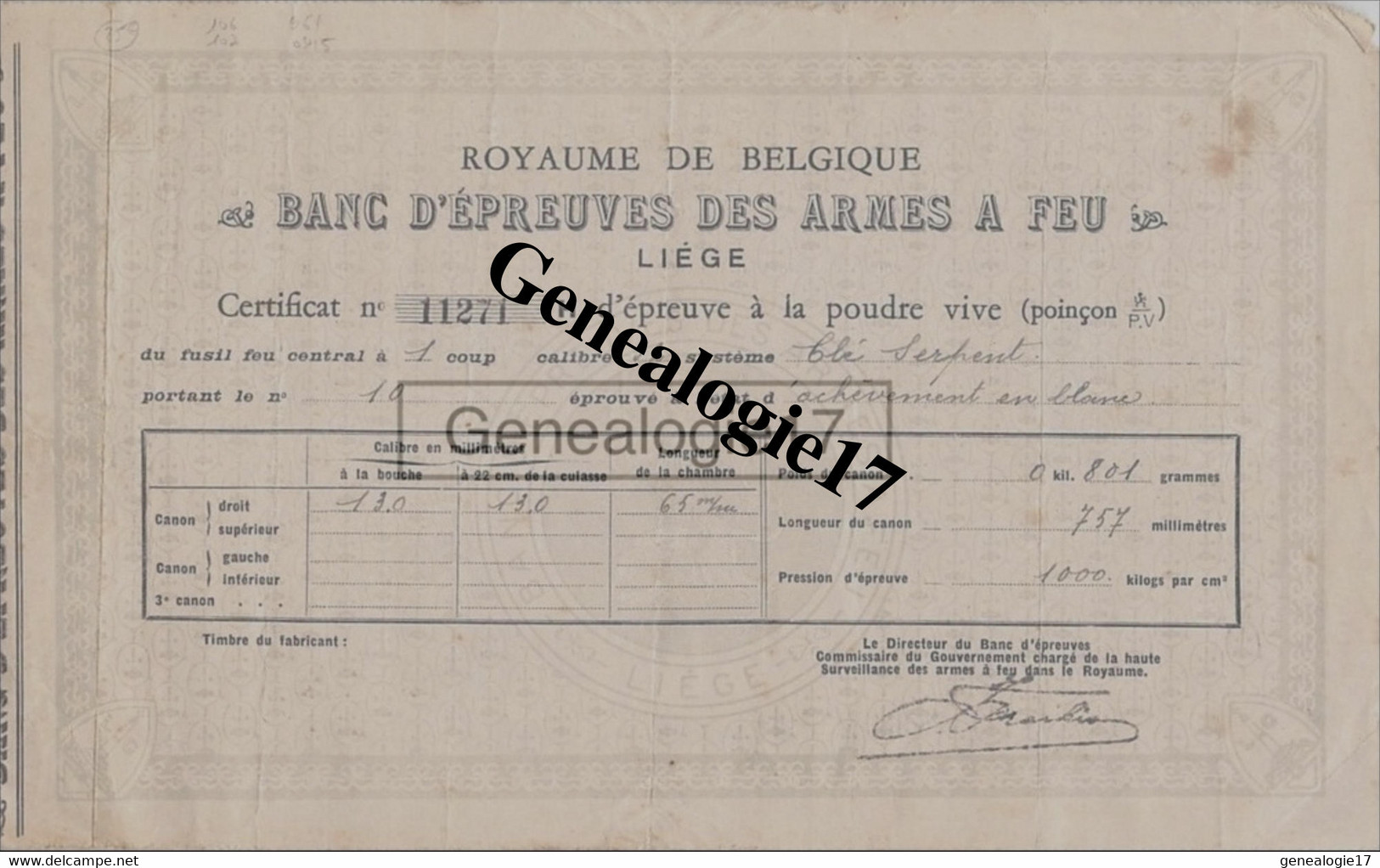 96 1460 BELGIQUE LIEGE ROYAUME - BANC EPREUVE DES ARMES A FEU Certificat D Epreuve Poudre Vive ( à COMPAIN ) LEON DANCR - Ambachten