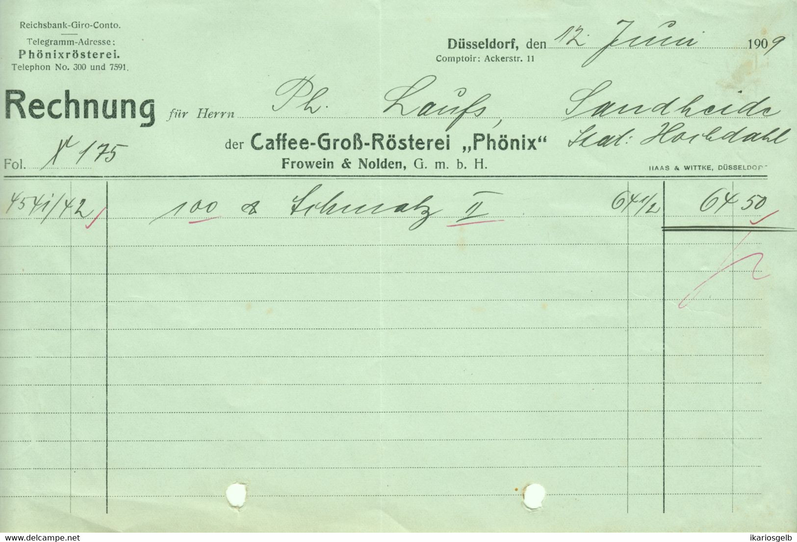 Düsseldorf 1909 Deko Rechnung " Caffee-Großrösterei Phönix Frowein & Nolden " - Lebensmittel