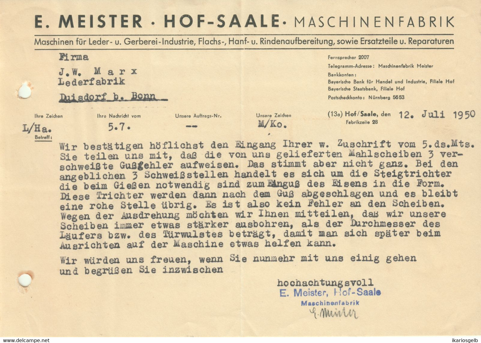 Hof Saale 1950 Deko Rechnung " E.Meister Ledermaschinen-Fabrik " - Kleding & Textiel