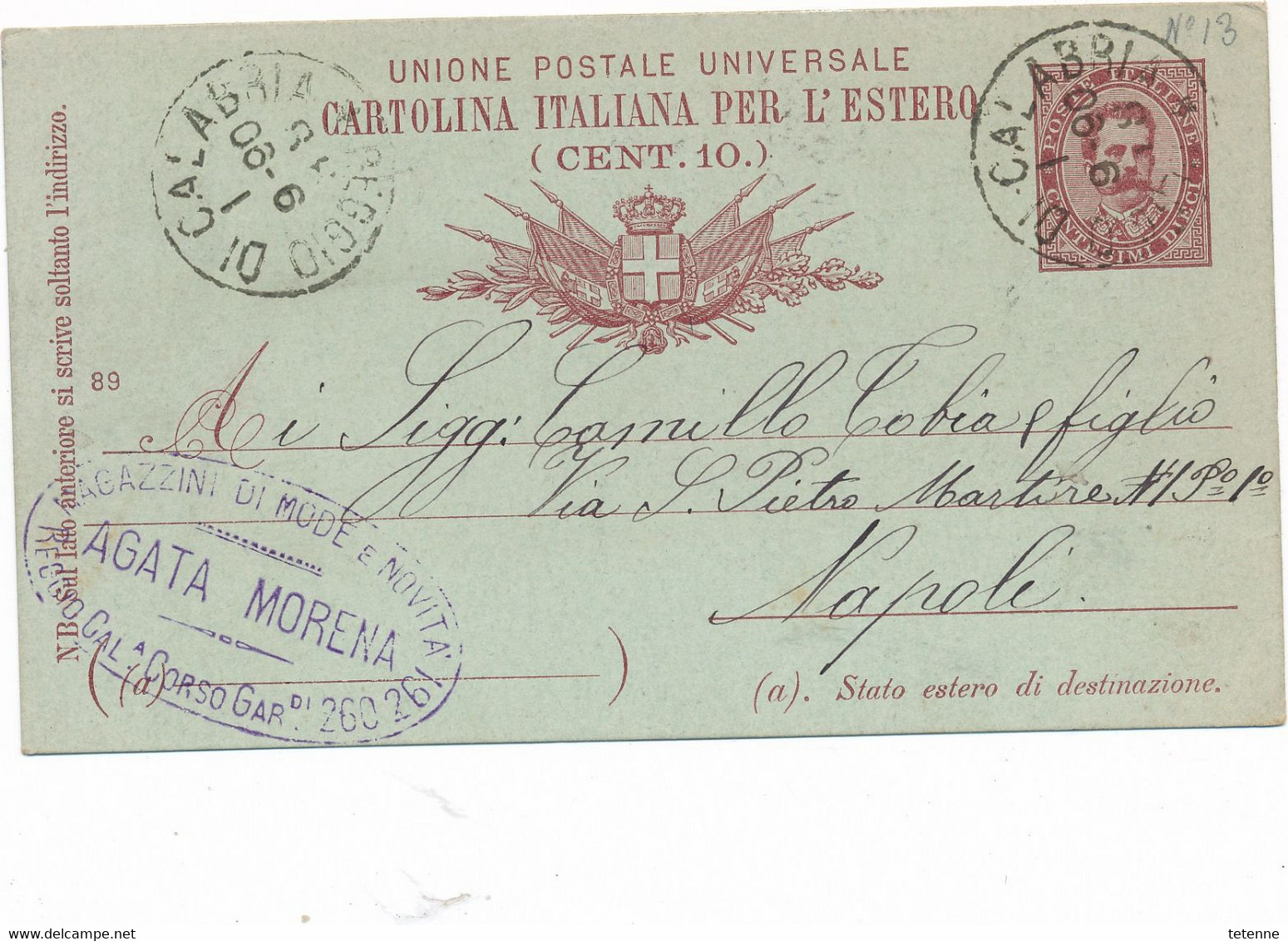 1 ENTIER POSTAL ITALIE ITALIA CALABRIA Pour NAPOLI 1890 Magazzini Di Mode Novatia RReggio AGATA MORENA - Sonstige & Ohne Zuordnung