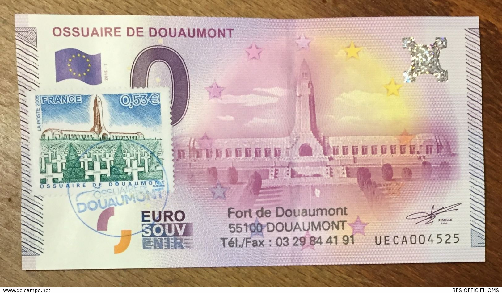 2015 BILLET 0 EURO SOUVENIR DPT 55 OSSUAIRE DE DOUAUMONT + TIMBRE ZERO 0 EURO SCHEIN BANKNOTE PAPER MONEY - Pruebas Privadas