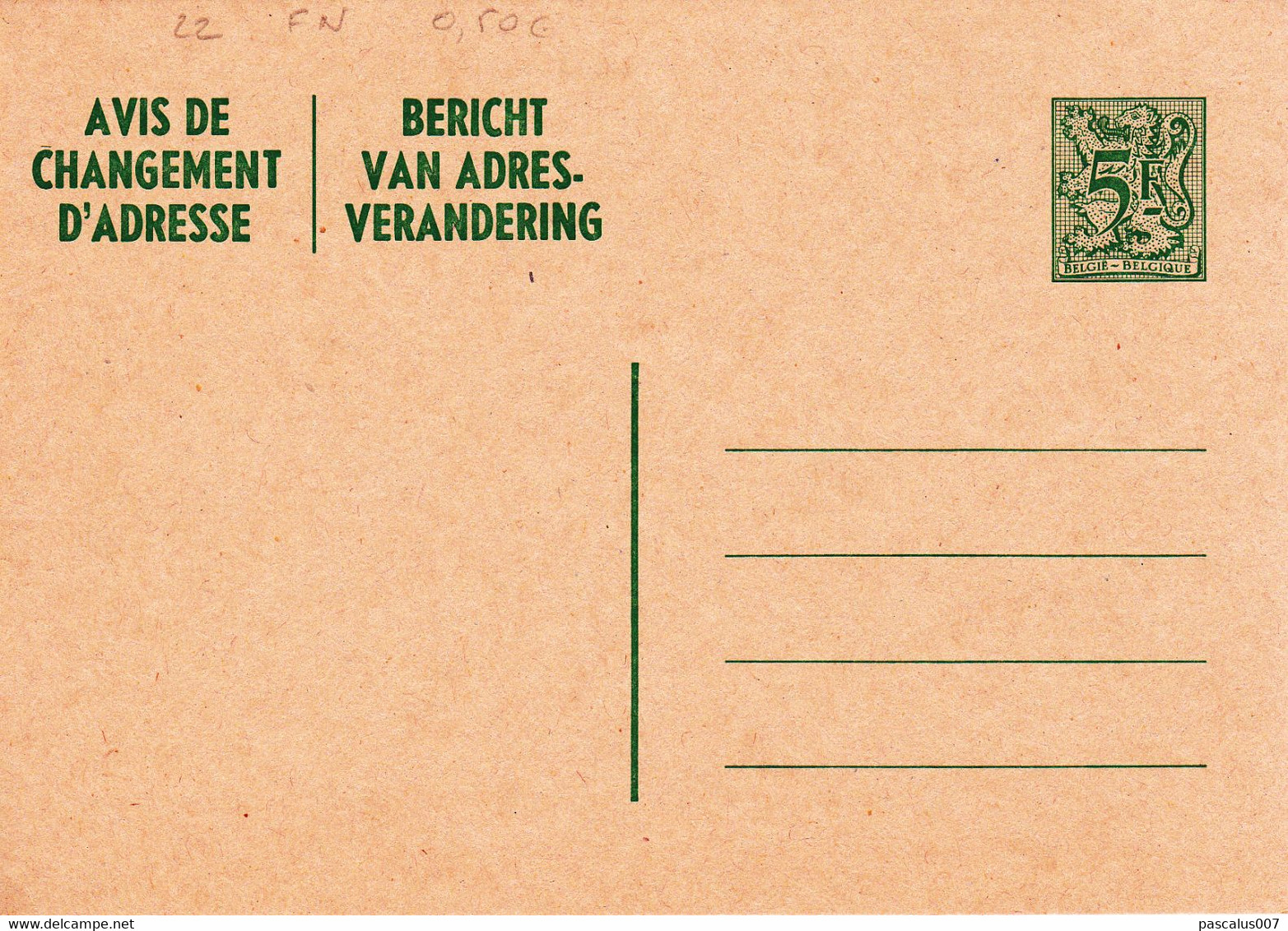 B01-193 AP - Entier Postal - Carte Postale Avis De Changement D'adresse N° 22 FN - Chiffre Sur Lion Héraldique Avec Band - Adressenänderungen