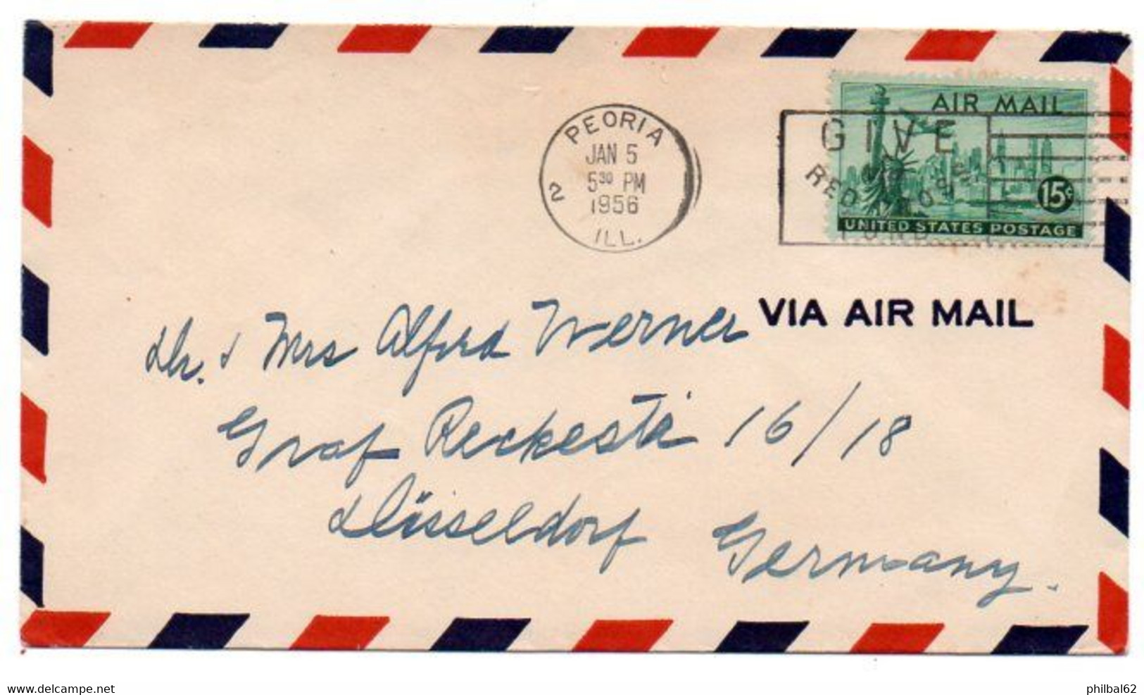 USA. Air Mail Service To Peoria, Illinois, To Düsseldorf, Germany. Jan 5 / 1956. - Other & Unclassified