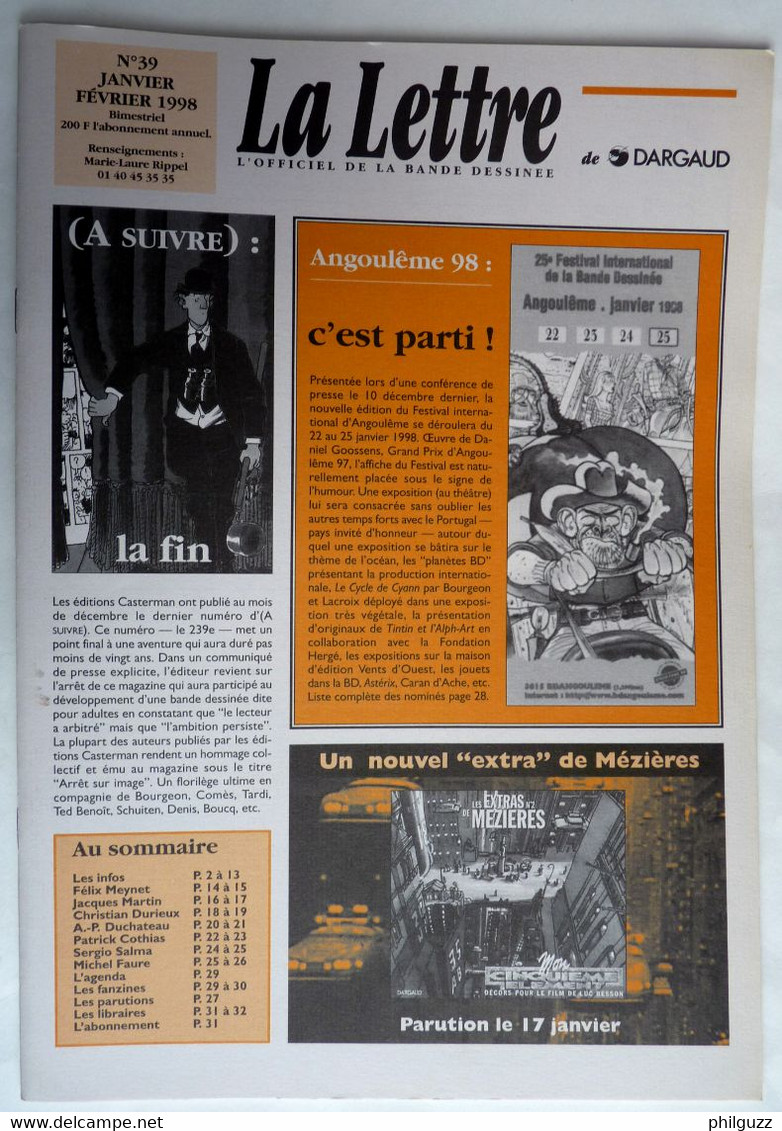 MAGAZINE LA LETTRE DARGAUD N°39 1998 GREG MEYNET MARTIN DURIEUX DUCHATEAU COTHIAS SALMA FAURE - Lettre De Dargaud, La