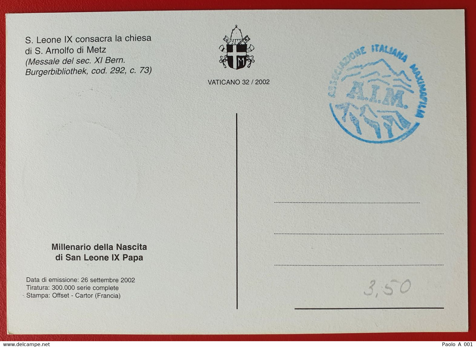 VATICANO VATIKAN VATICAN 2002 POPE LEO IX CHURCH ARNULF OF METZ FD MAXIMUM CARD BURGERBIBLIOTHEK BERN - Brieven En Documenten