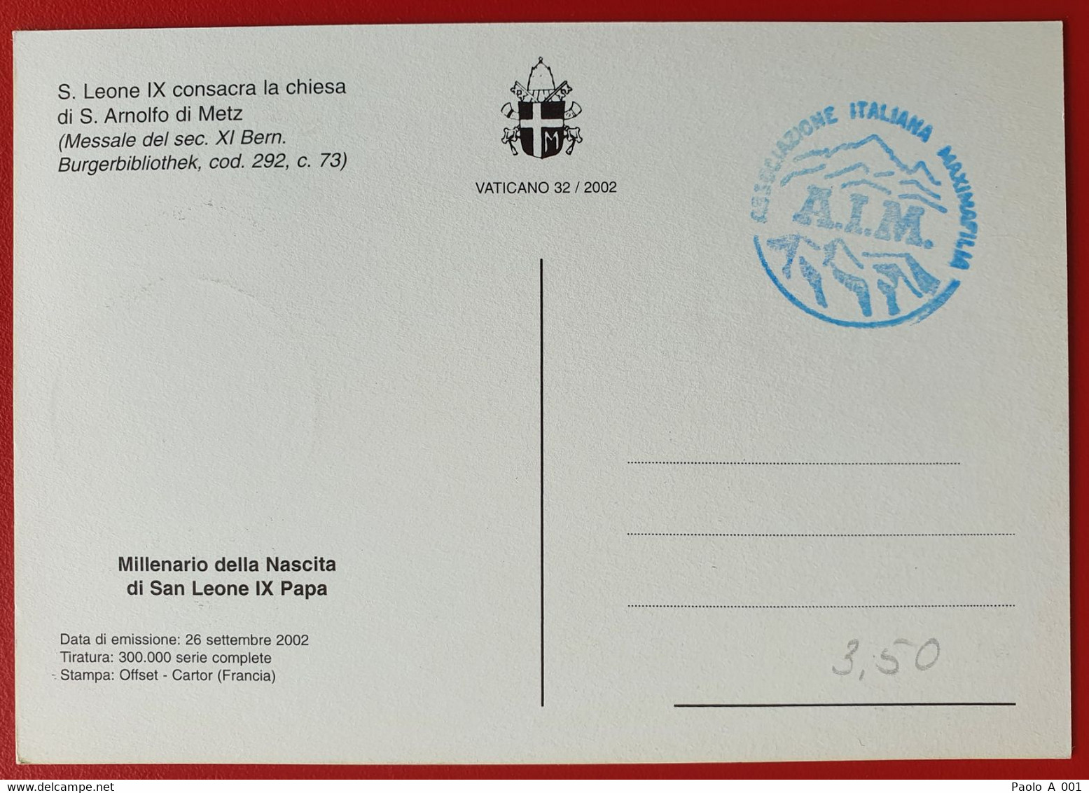 VATICANO VATIKAN VATICAN 2002 POPE LEO IX CHURCH ARNULF OF METZ FD MAXIMUM CARD BURGERBIBLIOTHEK BERN - Storia Postale