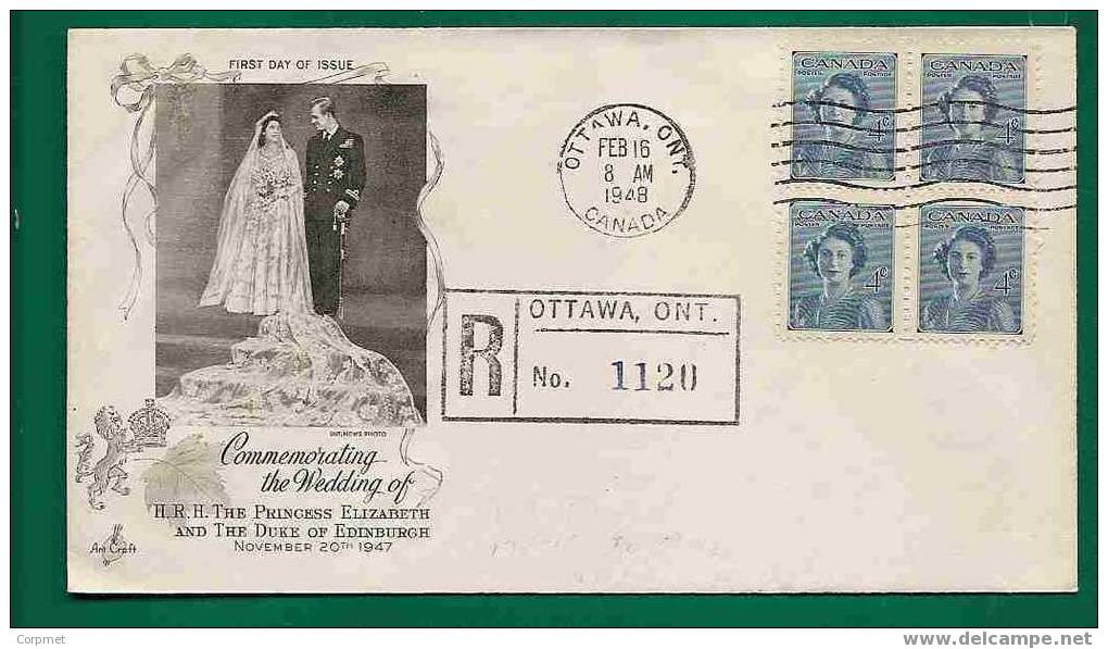 CANADA 1948 - REGISTERED FDC COMMEMORATING THE WEDDING OF PRINCESS ELIZABETH - BLOCK OF 4 Sent To NY - ....-1951