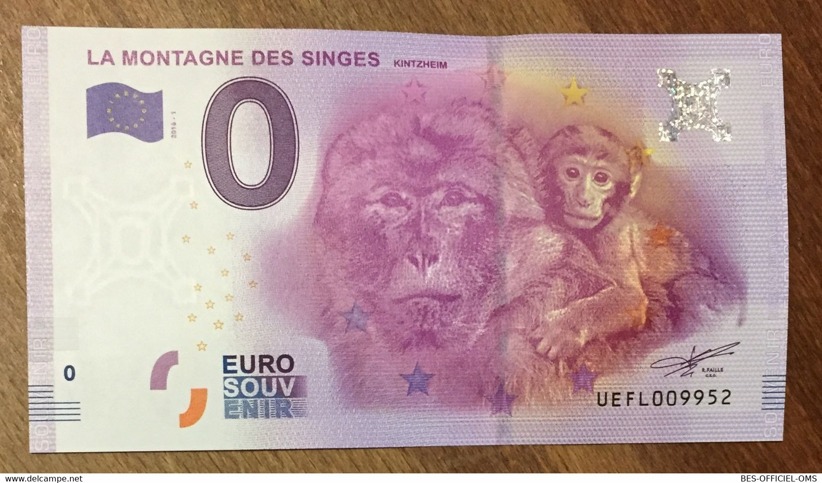 2016 BILLET 0 EURO SOUVENIR DPT 67 LA MONTAGNE DES SINGES KINTZHEIM ZERO 0 EURO SCHEIN BANKNOTE PAPER MONEY - Privéproeven