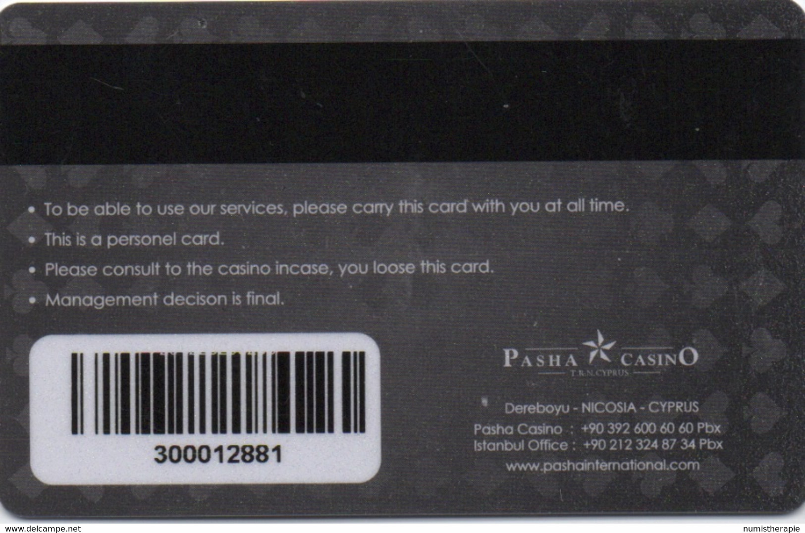 Chypre Du Nord : Pasha Casino Players Club (Numérotée - Nominative - Code Bar) - Casino Cards