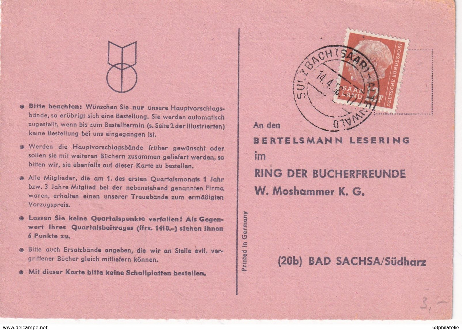 SAARLAND 1958 CARTE DE COMMANDE DE SULZBACH - Autres & Non Classés