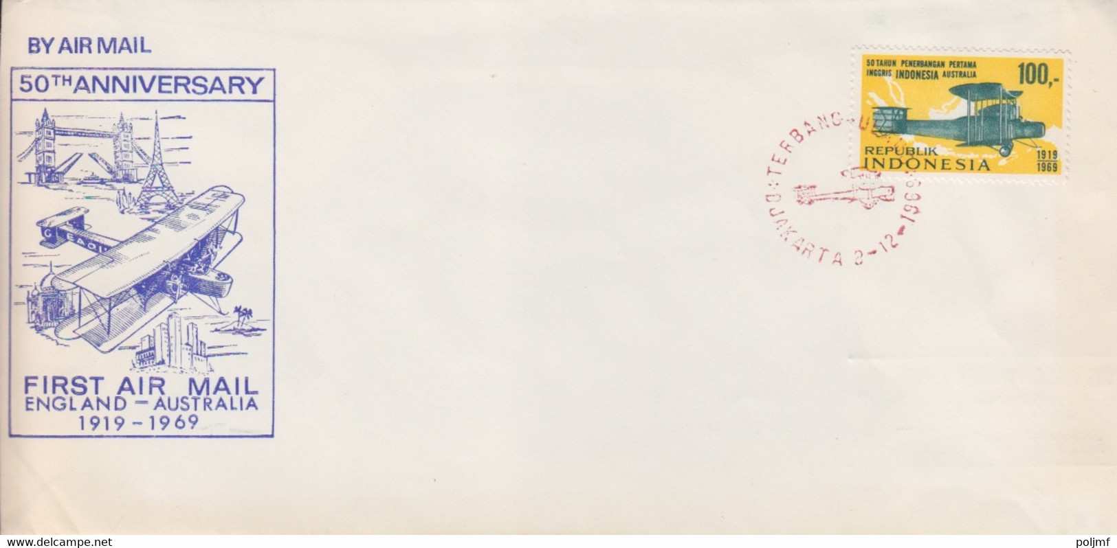 18 lettres 50° anniversaire du 1° vol Angleterre-Australie en 1919, Obl. en Dec 69 aux différentes étapes