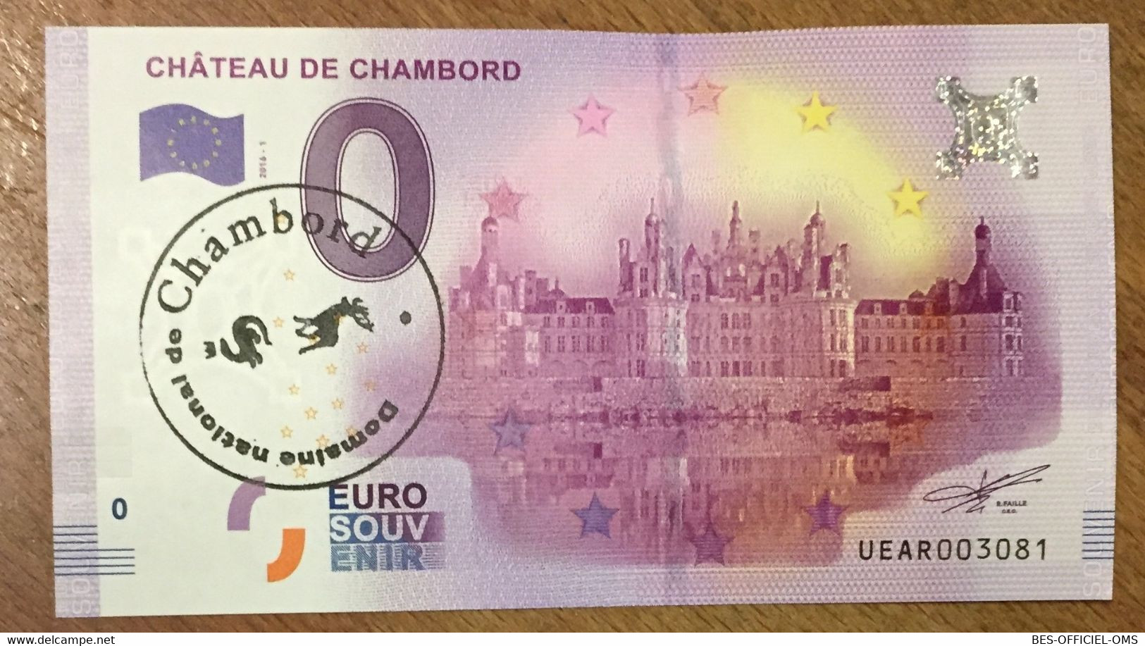 2016 BILLET 0 EURO SOUVENIR DPT 41 CHÂTEAU DE CHAMBORD + TAMPON ZERO 0 EURO SCHEIN BANKNOTE PAPER MONEY BANK - Essais Privés / Non-officiels