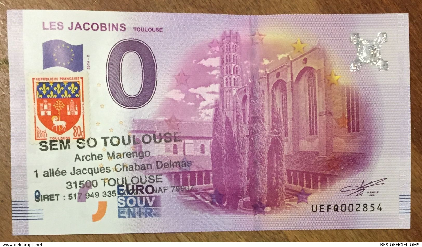 2016 BILLET 0 EURO SOUVENIR DPT 31 LES JACOBINS TOULOUSE + TIMBRE ZERO 0 EURO SCHEIN BANKNOTE PAPER MONEY BANK - Privatentwürfe