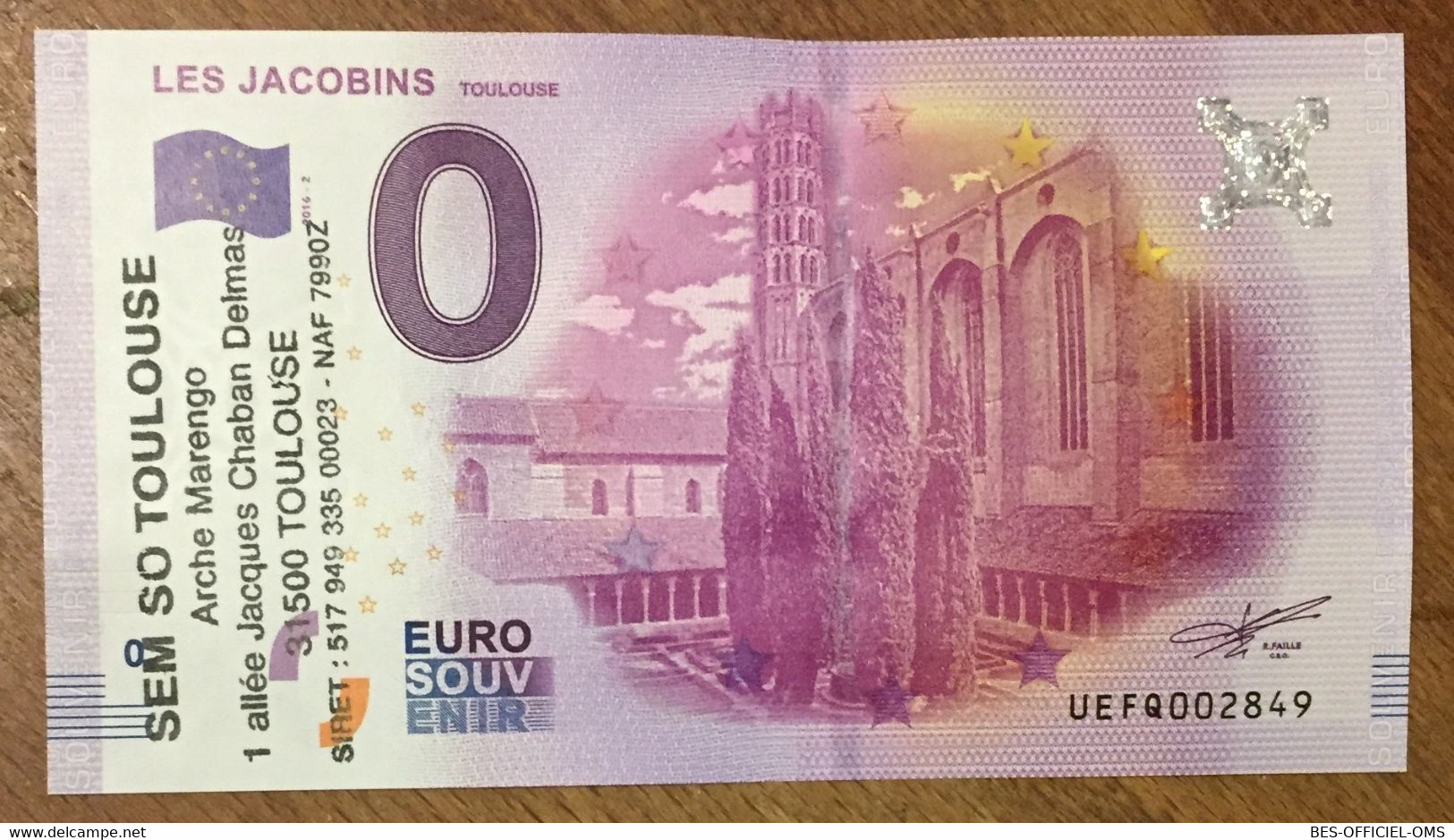 2016 BILLET 0 EURO SOUVENIR DPT 31 LES JACOBINS TOULOUSE + TAMPON ZERO 0 EURO SCHEIN BANKNOTE PAPER MONEY BANK - Private Proofs / Unofficial