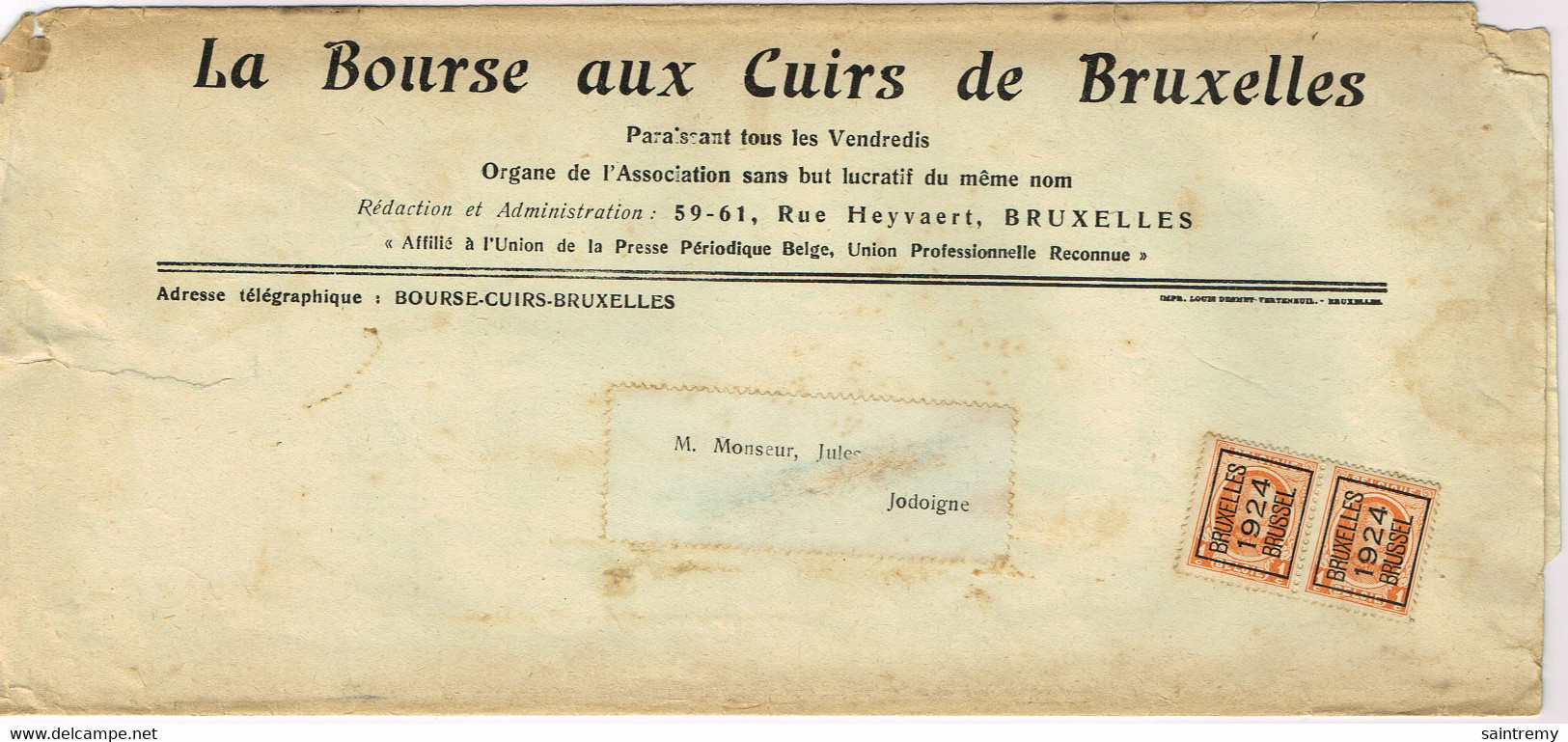 92 Houyoux 1c En Paire De Bruxelles 1924 Sur Document - Typo Precancels 1922-31 (Houyoux)