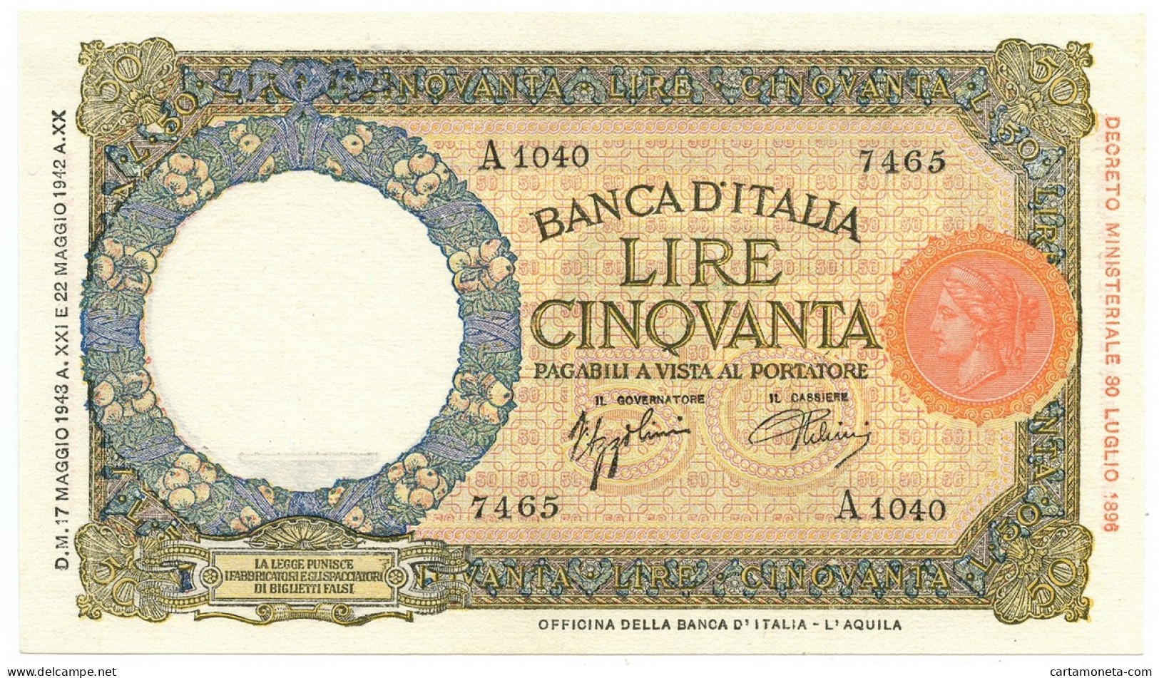 50 LIRE CAPRANESI LUPA CAPITOLINA M. STRETTO FASCIO L'AQUILA 17/05/1943 SUP - Andere