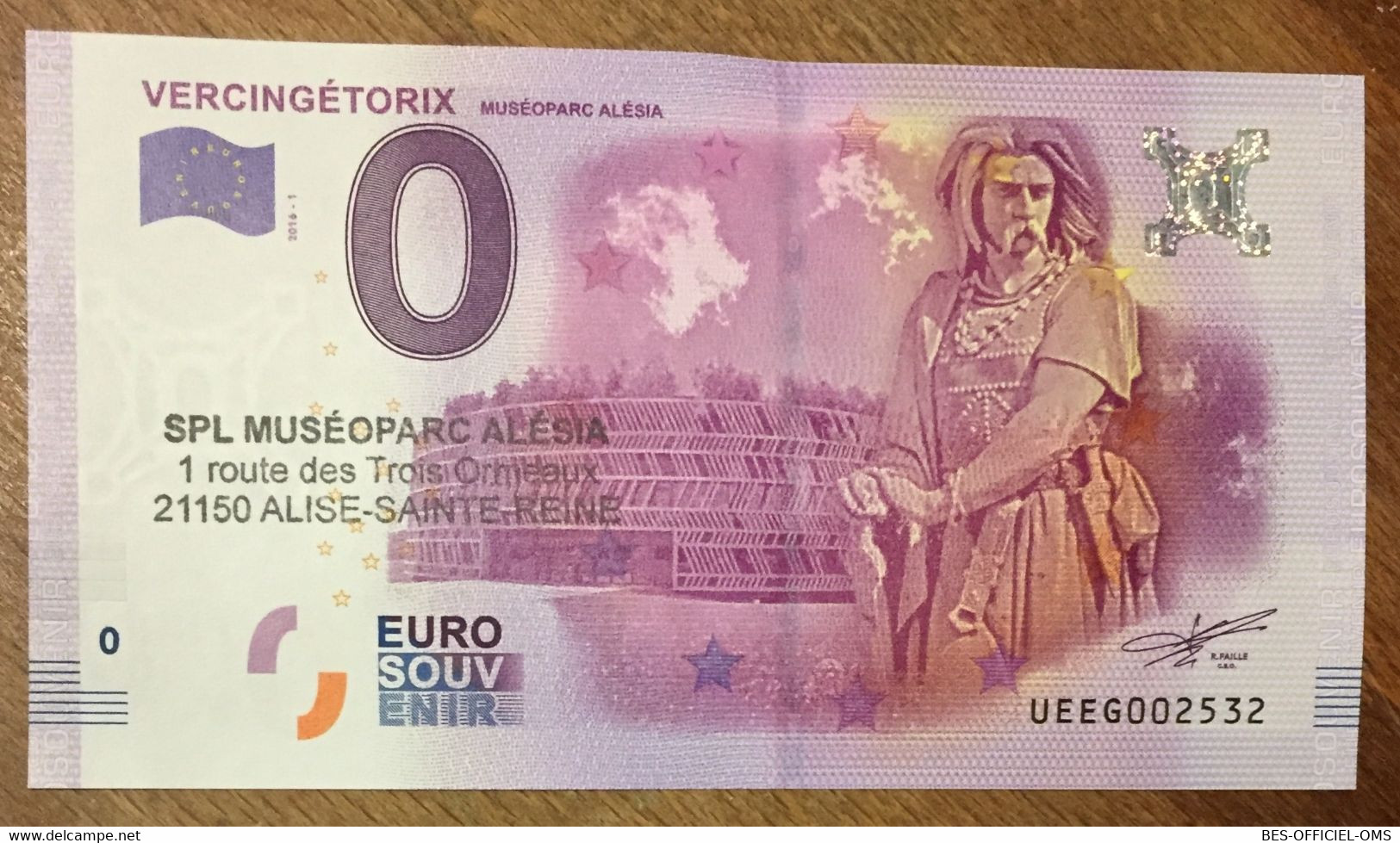 2016 BILLET 0 EURO SOUVENIR DPT 21 VERCINGETORIX MUSÉOPARC ALÉSIA + TAMPON ZERO EURO SCHEIN BANKNOTE PAPER MONEY BANK - Private Proofs / Unofficial