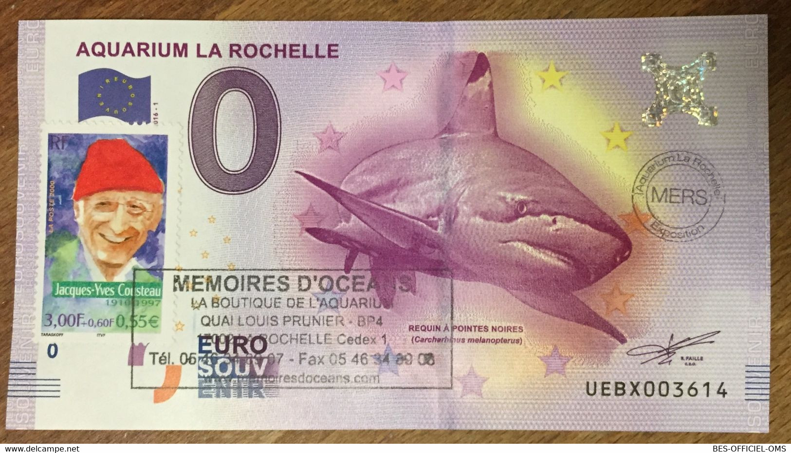 2016 BILLET 0 EURO SOUVENIR DPT 17 AQUARIUM LA ROCHELLE + TIMBRE ZERO EURO SCHEIN BANKNOTE PAPER MONEY BANK - Private Proofs / Unofficial