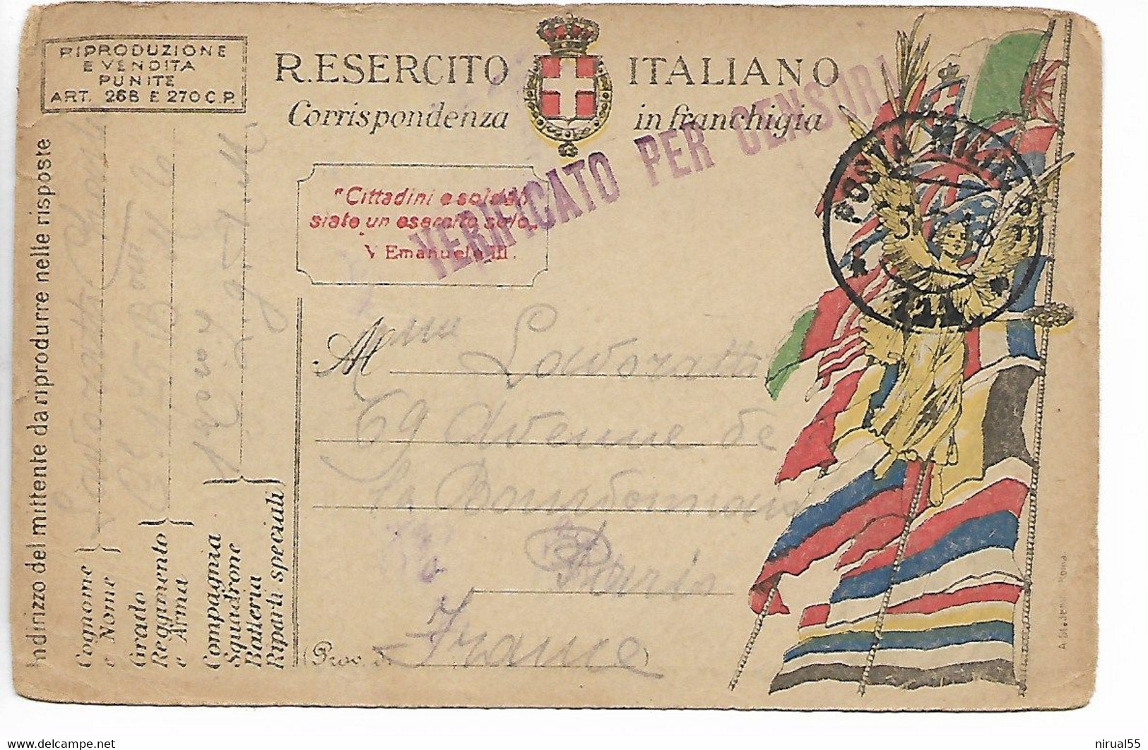 Italie Guerre 14 18 Poste Militaire Sur Carte Drapeaux CAD Posta Militare 111 + Griffe Violette Verificato Per C    ...G - Sonstige & Ohne Zuordnung