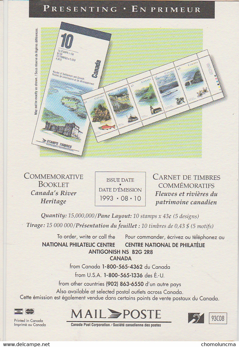1993 Canada Post Letter Mail Presenting Poste Lettre En Primeur Historic Canada's River Heritage Fleuves Et Rivières - Postal History
